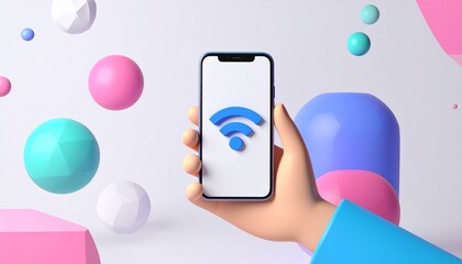 3D render of stylized digital hand holding smartphone with WiFi logo surrounded by abstract geometric colorful shapes, concept of tech creativity