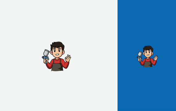 Mascot icon illustration of an Industrial Spray Painter holding spray paint . isolated Vector design template.