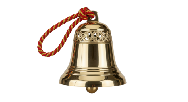 Gold bell with red and yellow rope isolated PNG with Transparent Background