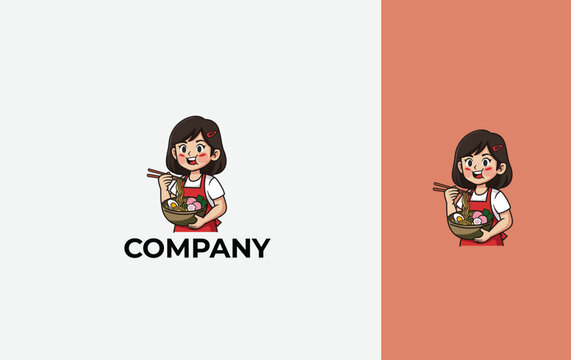 young girl mascot eat spicy ramen. isolated Vector design template.