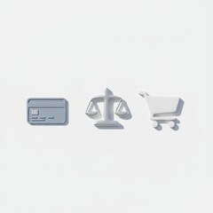 Credit card, scales of justice, and shopping cart icons in a minimalistic design, representing finance, law, and commerce concepts with a clean aesthetic