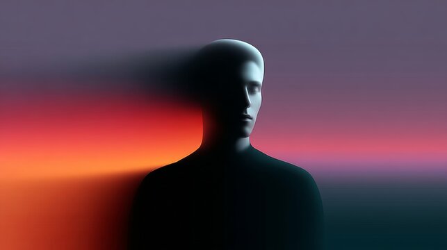 Abstract digital illustration of a faceless figure with a gradient background transitioning from deep orange to purple, creating a surreal atmosphere and evoking feelings of mystery and introspection