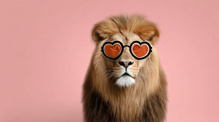 Lion wearing heart-shaped sunglasses poses against a soft pink background, showcasing a playful and whimsical expression, embodying a fun and lighthearted atmosphere in a vibrant setting