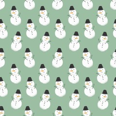 christmas background with snowman, seamless green winter pattern, print for fabric, calendar, postcard, wrapping paper 