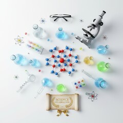 Colorful science celebration with laboratory glassware, molecular structure, microscope, and educational elements arranged on a bright surface, showcasing the joy of scientific exploration