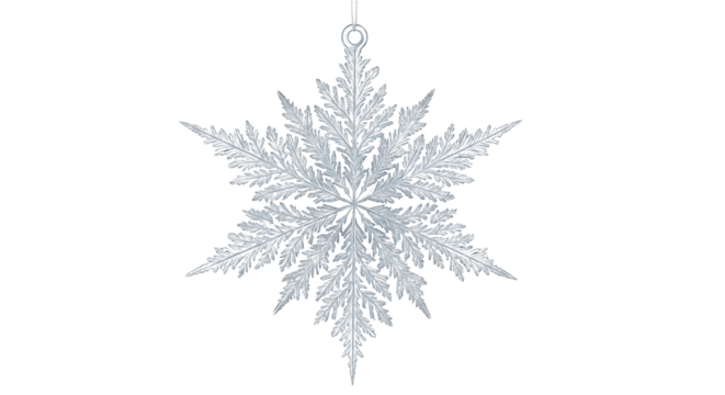 Hanging silver snowflake ornament for the winter holiday season isolated PNG with Transparent Background