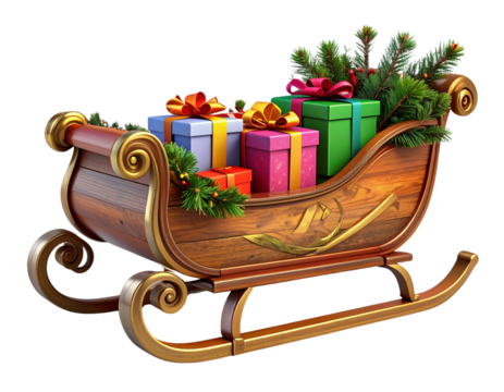 3D Rendered Holiday Sleigh with Colorful Gift Boxes and Pine Accents, Side Angle, Isolated PNG.And transparent the background.