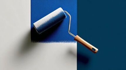 Paint roller resting on freshly painted blue wall, showcasing smooth texture and vibrant color contrast against light gray background, emphasizing home improvement and DIY creativity with copy space
