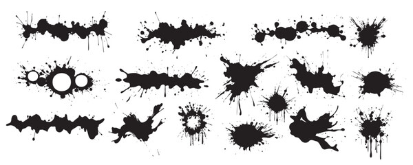 Collection of Black Ink Splashes and Splatters Isolated on White Background. Concept of artistic design elements, grunge texture, creative illustrations, abstract shapes