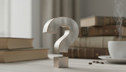 3D illustration of a metallic question mark symbol on a wooden table surrounded by books and a coffee cup, representing curiosity and inquiry in a cozy environment