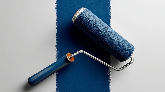 Paint roller with textured blue cover resting on fresh blue paint stripe against a smooth white background, showcasing tools for home improvement and creative painting projects
