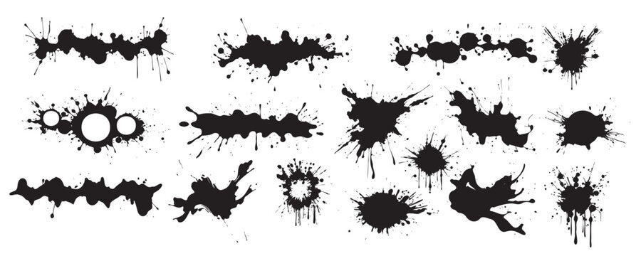 Collection of Black Ink Splashes and Splatters Isolated on White Background. Concept of artistic design elements, grunge texture, creative illustrations, abstract shapes