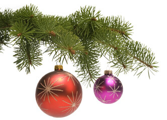 Christmas tree branch with ornaments festive holiday decoration isolated on white background