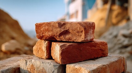 Stacked red bricks resting on a construction site, showcasing the texture and color of the materials, surrounded by gravel and earth, representing building and construction activities in progress