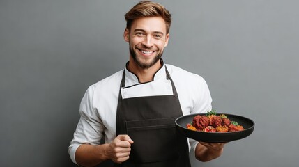 Male chef in white uniform and black apron, proudly presenting a plate of gourmet meatballs garnished with herbs, showcasing culinary skills and passion for cooking in a professional kitchen environme
