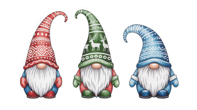 Set of Christmas gnomes in knitted hats cute watercolor illustration for holiday cards isolated on white background