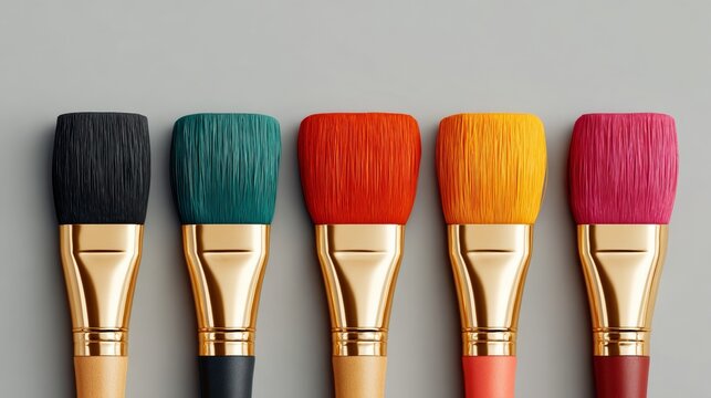 Colorful paintbrushes arranged in a row on a smooth gray surface, showcasing vibrant bristle colors and elegant golden ferrules, perfect for artistic creativity and design inspiration