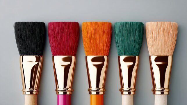 Colorful paintbrushes arranged in a row, showcasing various bristle colors and textures, with shiny gold ferrules and wooden handles, ideal for artistic projects and creative endeavors - Powered by Adobe