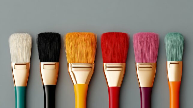 Colorful paintbrushes arranged in a row on a smooth gray surface, showcasing various bristle types and vibrant hues, ideal for artistic projects and creative endeavors