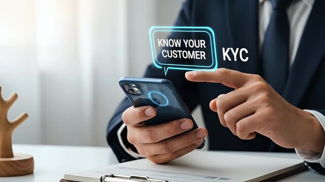 Close Up of Man in Suit Using Smartphone with Holographic Know Your Customer Concept Over White Desk with Clipboard and Decorative Wooden Sculpture