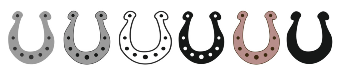 Set of Horseshoes in Various Styles, Black Silhouette, Outline, Colored Versions on white background. Concept of Good Luck, Equestrian Symbols, Western Icons. Collection of Design Elements Horse Theme