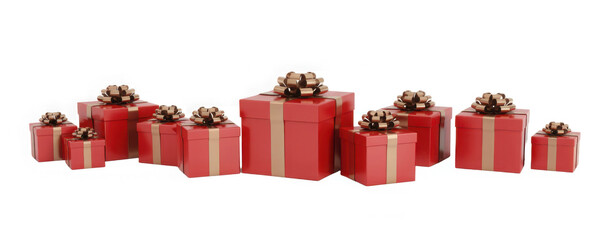 Pile of red Christmas presents with gold ribbons isolated on white background for holiday celebrations