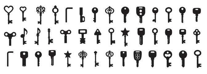 Set of various black silhouette keys isolated on white background. concept of antique, modern keys, security, locksmith tools, icon, design element, home decor
