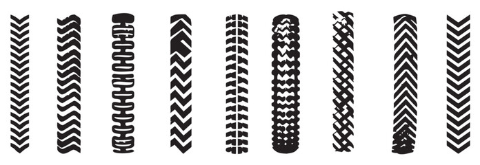 Set of various black tire tracks isolated on a white background. Concept of vehicle patterns, car tread designs, off-road marks, distinct tire imprints. Texture, pattern, automotive design elements