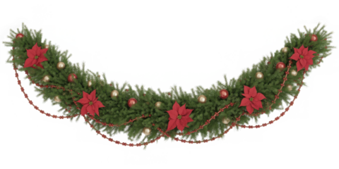 Festive Christmas garland with poinsettias adorned with red beads and golden ornaments isolated on white background