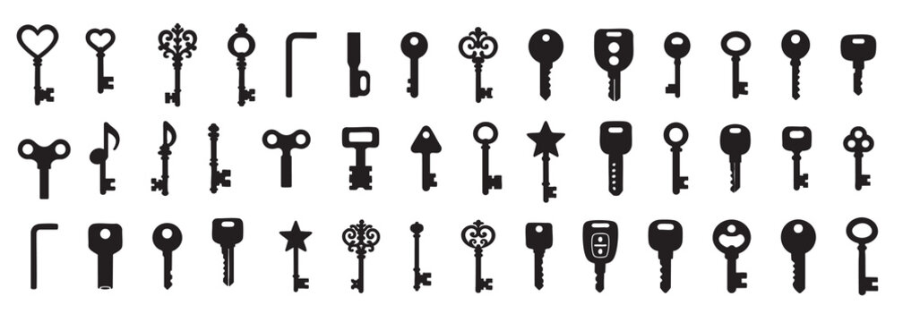 Set of various black silhouette keys isolated on white background. concept of antique, modern keys, security, locksmith tools, icon, design element, home decor