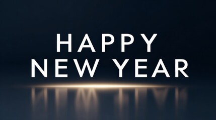 Happy New Year greeting design with elegant typography on a dark background, featuring a soft glow effect and reflections, creating a festive atmosphere for celebration and joy