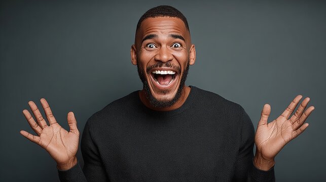 Excited african american man with a broad smile and raised hands, expressing joy and enthusiasm, against a neutral background, showcasing a vibrant and positive emotional experience