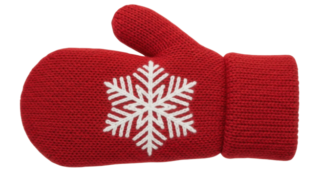 Red knitted mitten with snowflake design for winter holiday isolated PNG with Transparent Background