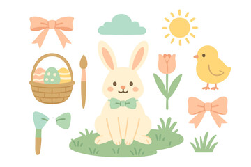 Cute Easter holiday set featuring bunny rabbit, chick, decorated eggs, basket, bows, and spring flowers