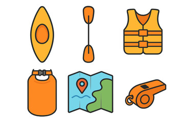 Essential equipment for water sports adventure featuring kayak paddle life jacket and map
