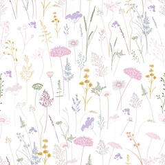 Beautiful vector vintage style pattern with hand drawn wild meadow, field flowers in soft pastel tones