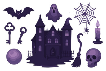 Creepy Halloween collection featuring haunted castle bat spiderweb candle broom and full moon