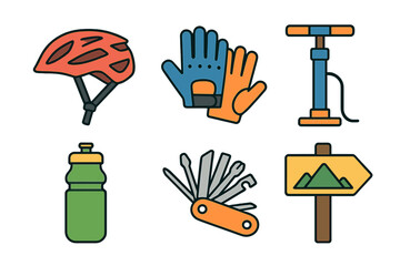 Essential cycling gear and outdoor adventure accessories set including helmet gloves pump and multi-tool