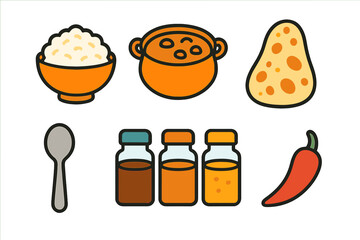 Set of essential Indian cuisine elements including rice, curry, naan bread, chili, and spice jars