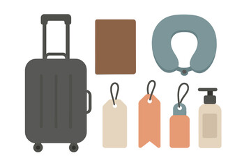 Essential travel accessories including rolling luggage, neck pillow, and identification tags arranged flat lay style