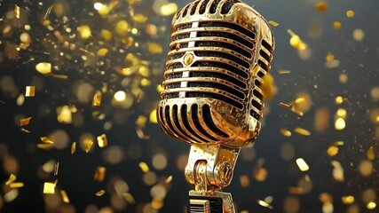 Golden microphone on a stand with sparkling confetti falling, 4k video - Powered by Adobe