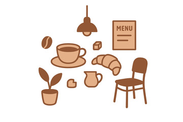 Monochrome set of cafe and coffee shop elements featuring breakfast items and interior objects