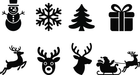 Collection of christmas icons snowman snowflake tree gift deer sleigh santa claus