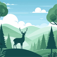 Illustration of a beautiful hill view with deer