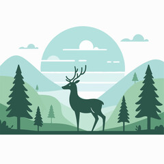 Illustration of a beautiful hill view with deer