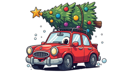 Cartoon car carrying a Christmas tree on its roof isolated PNG with Transparent Background