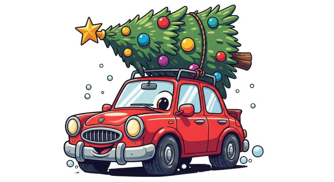 Cartoon car carrying a Christmas tree on its roof isolated PNG with Transparent Background