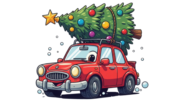 Cartoon car carrying a Christmas tree on its roof isolated PNG with Transparent Background - Powered by Adobe
