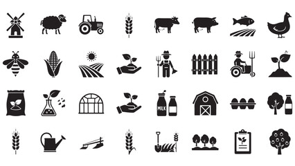 Farming and Agriculture Glyph Icon Set, Vector Pictograms of Tractor, Barn, Greenhouse, Livestock, Wheat, Crop Cultivation, Sustainable Farm, Black Silhouette Illustration