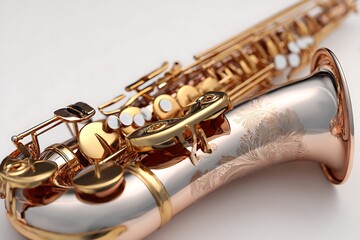 Obraz premium Elegant gold and silver saxophone with ornate engraved detailing, perfect for music studio advertising and artistic projects, a beautiful instrument